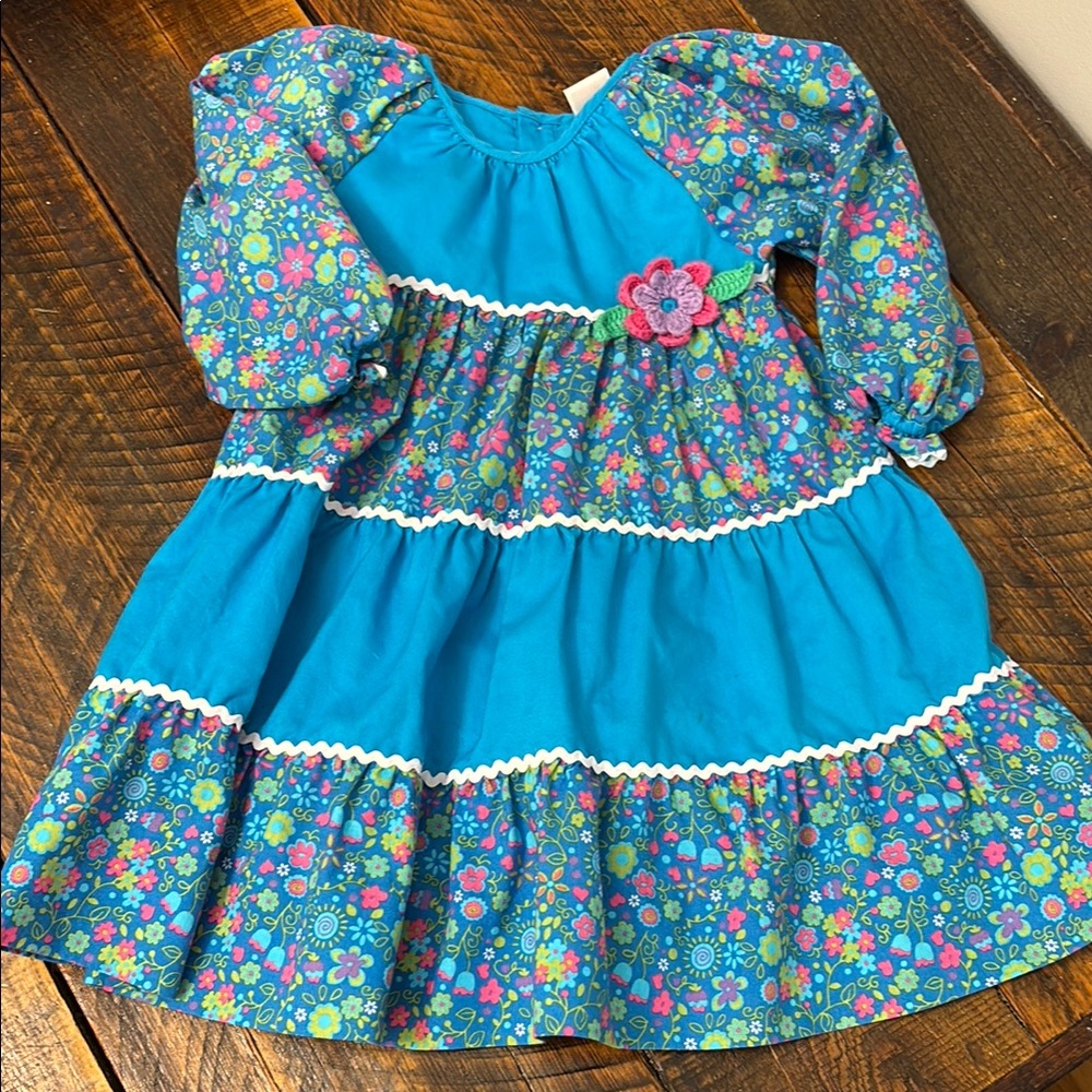 Zunie Floral Blue  Dress - ruffles , rick rack , flower embellishment , 18 mths